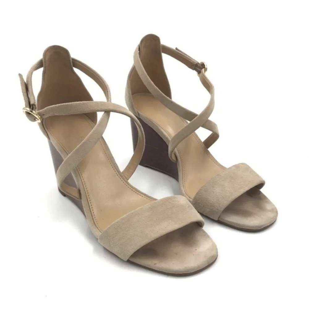 Michael Kors Cream Suede Leather Strappy Wood Wedge Heels Size 8